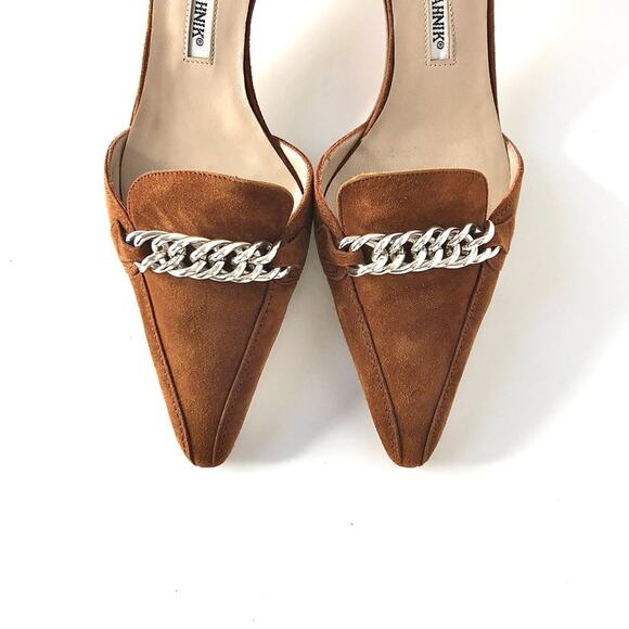 Manolo Blahnik Vintage Chain Link Brown Suede Kitten Heel Pointed Toe Mules 37 - Picture 4 of 12